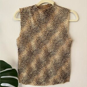 Mock Neck Sleeveless Tank Top in Beige and Black Animal Print